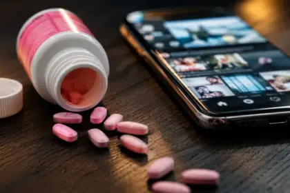 open medicine bottle and pink pills scattered on a wooden table hjn