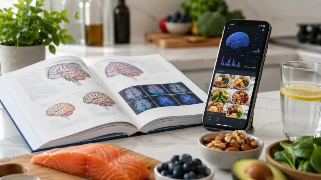open-neurology-textbook-placed-next-to-a-smartphone-showing-brain-charts