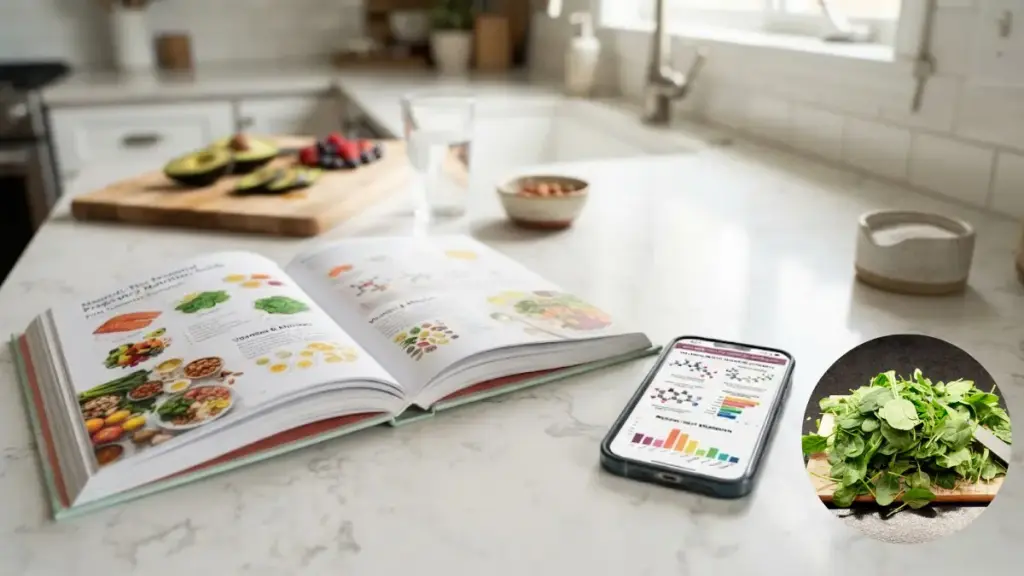 open-nutrition-book-placed-next-to-a-smartphone-showing-molecular-diagrams