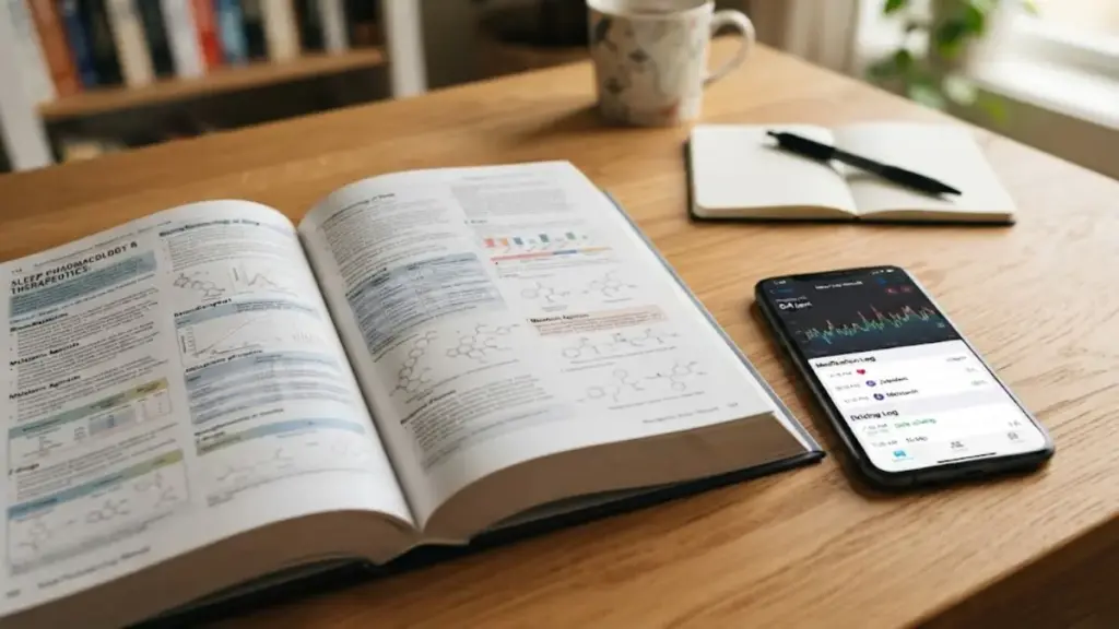 open-pharmacology-textbook-placed-next-to-a-smartphone-showing-sleep-data-akl