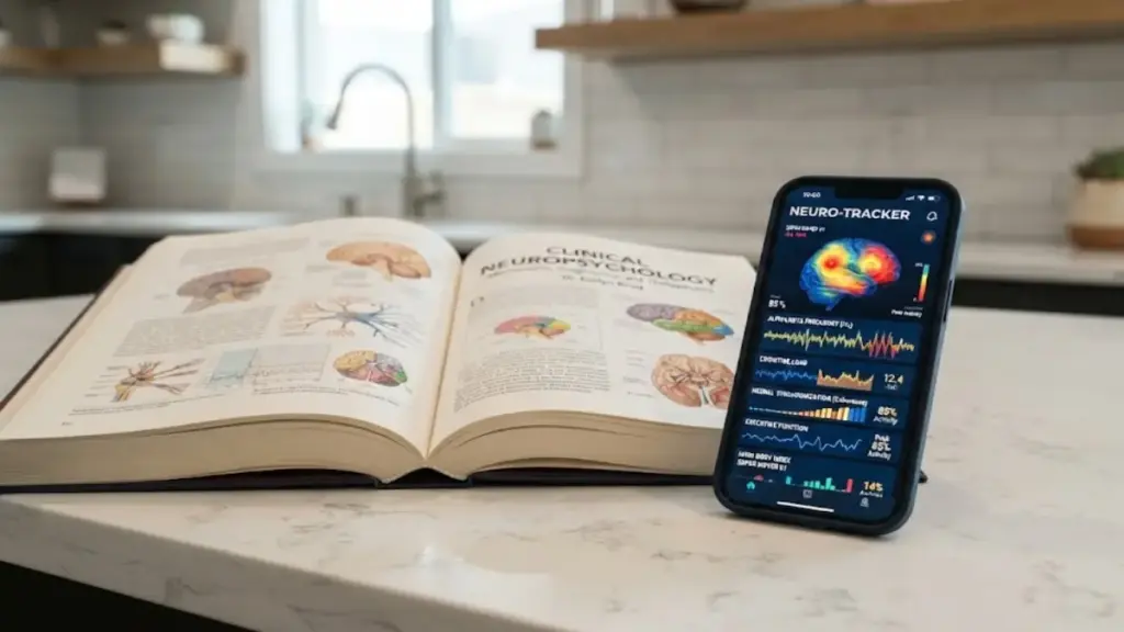 open-psychology-book-placed-next-to-a-smartphone-showing-brain-activity-charts