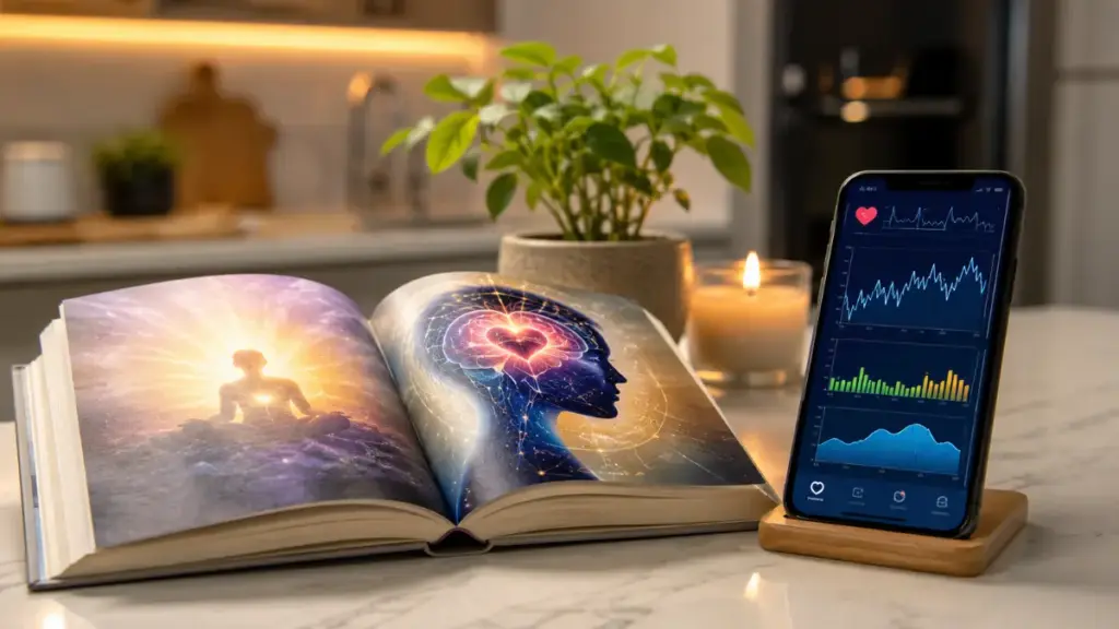 open-psychology-book-placed-next-to-a-smartphone-showing-cardiac-charts