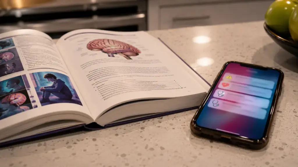 open-psychology-textbook-placed-next-to-a-smartphone-showing-health-alerts