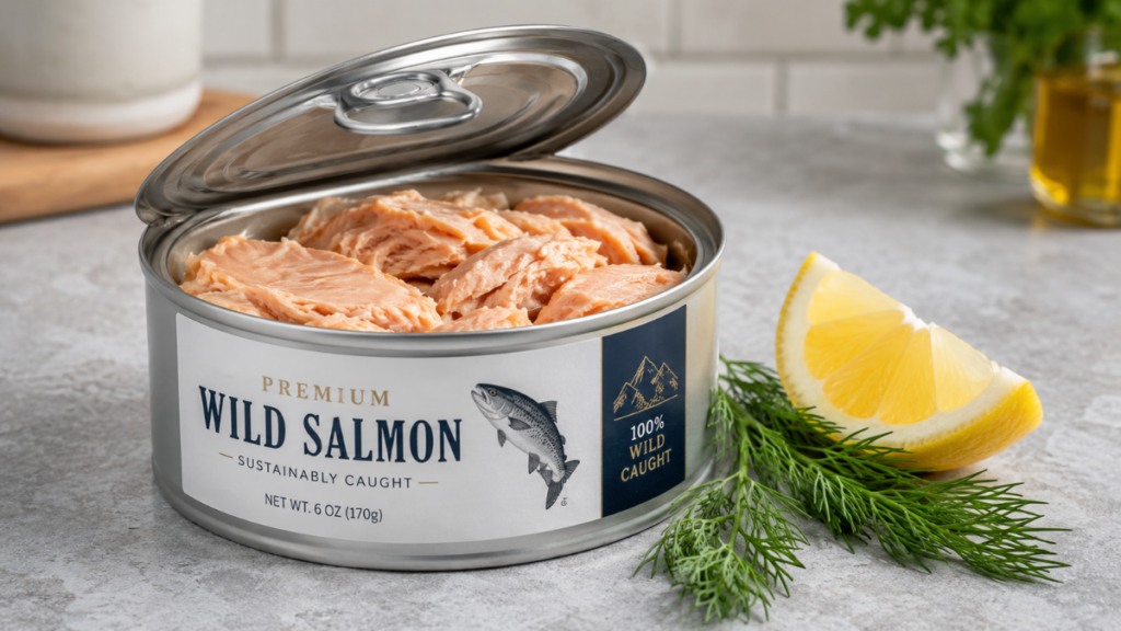 open-silver-tin-of-premium-wild-salmon-pantry-chicken-recipe-easy-quick