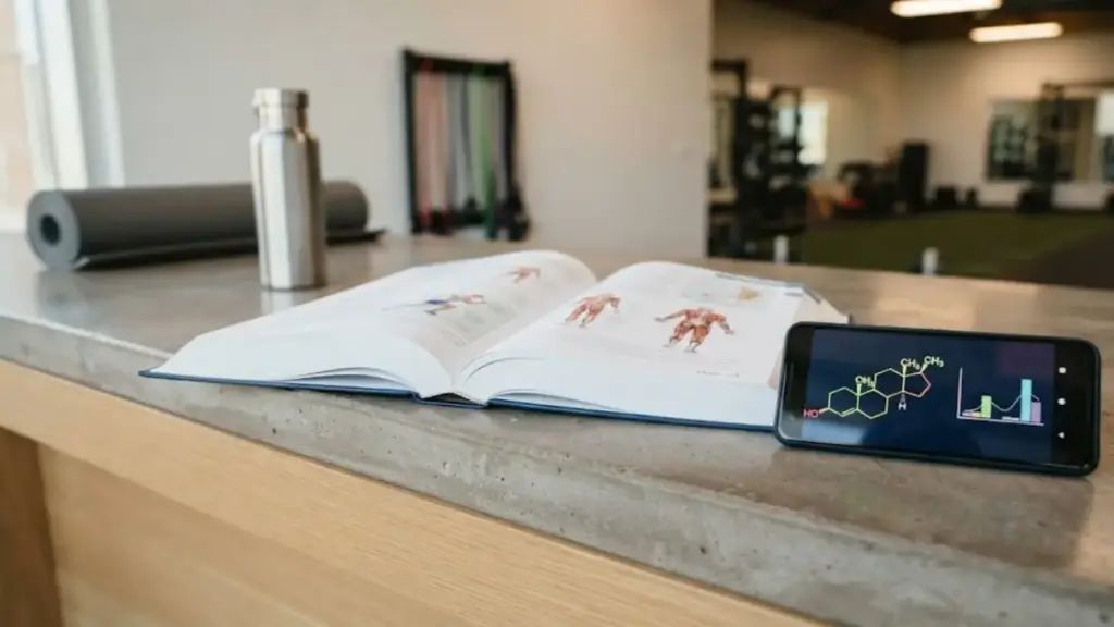 open-sports-medicine-textbook-placed-next-to-a-smartphone-showing-hormone-charts