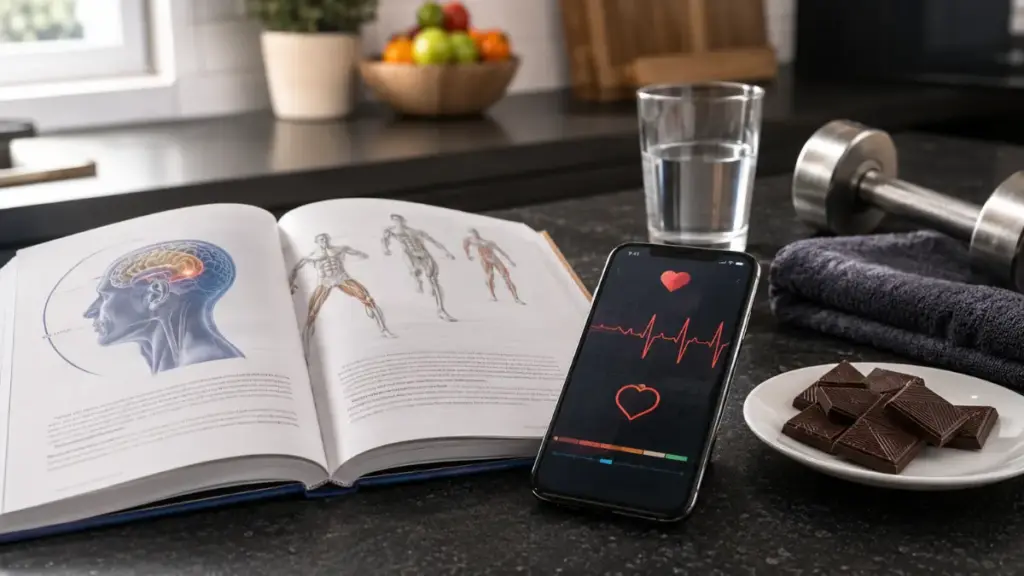 open-sports-science-book-placed-next-to-a-smartphone-showing-heart-rate-charts-for-chocolate-smell-exercise