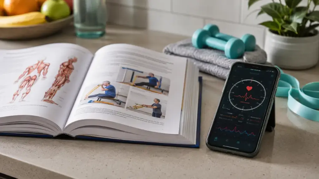 open-textbook-placed-next-to-a-smartphone-showing-heart-rate-charts