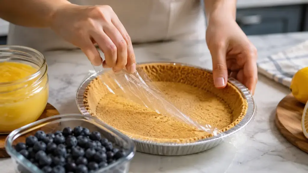 opening-a-pre-made-graham-cracker-crust-for-a-blueberry-lemon-tart