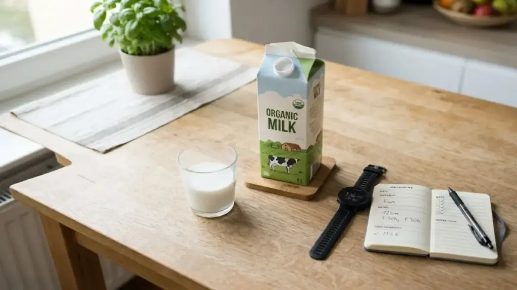 cold-organic-milk-bottle-next-to-a-sports-watch-promoting-milk-after-exercise
