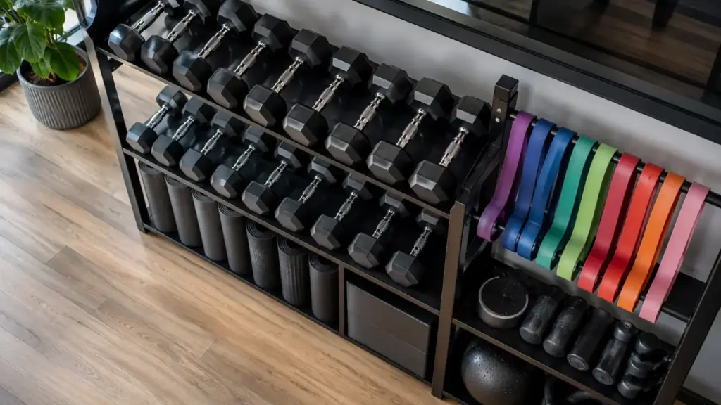 organized-equipment-rack-filled-with-dumbbells-and-bands