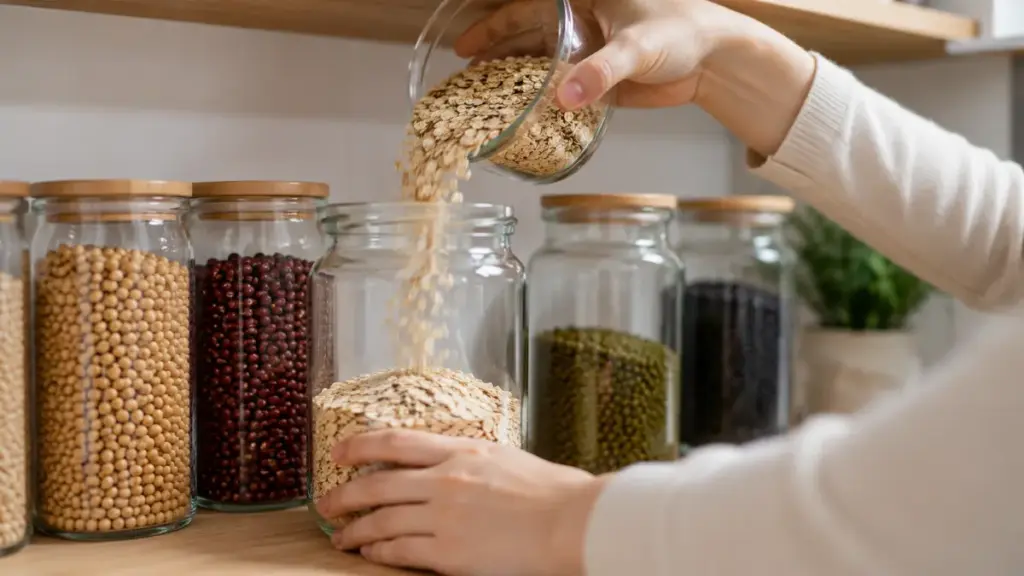 organizing-dry-oats-and-beans-in-glass-jars-on-a-shelf