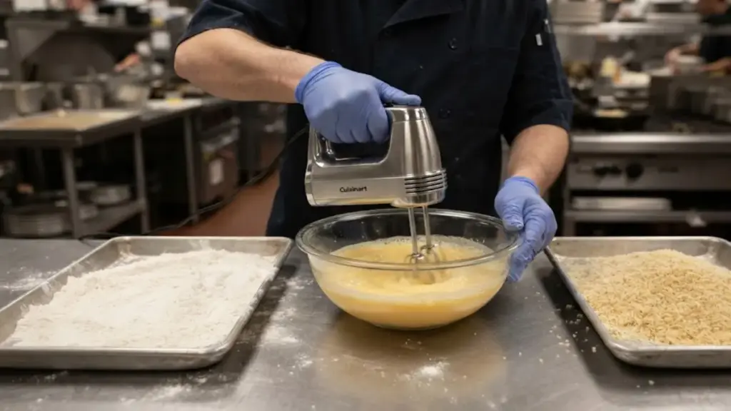 organizing-flour-egg-wash-and-panko-crumbs-in-separate-trays