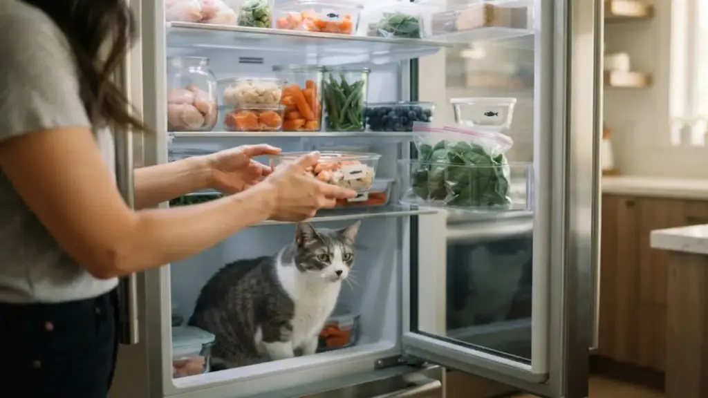 organizing-fresh-raw-feline-diet-ingredients-in-a-refrigerator-to-ease-feline-stress-symptoms