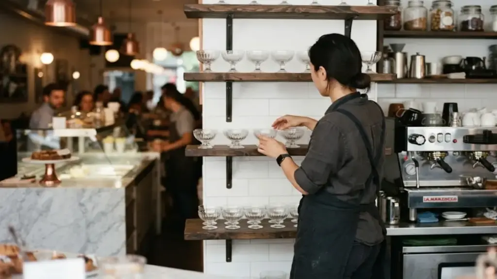 organizing-glass-cups-on-a-dark-wood-shelf-inside-a-dessert-parlor