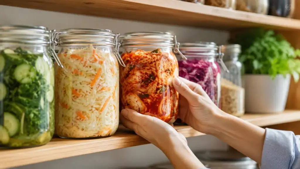 organizing-glass-jars-of-fermented-vegetables-on-a-shelf-dkf