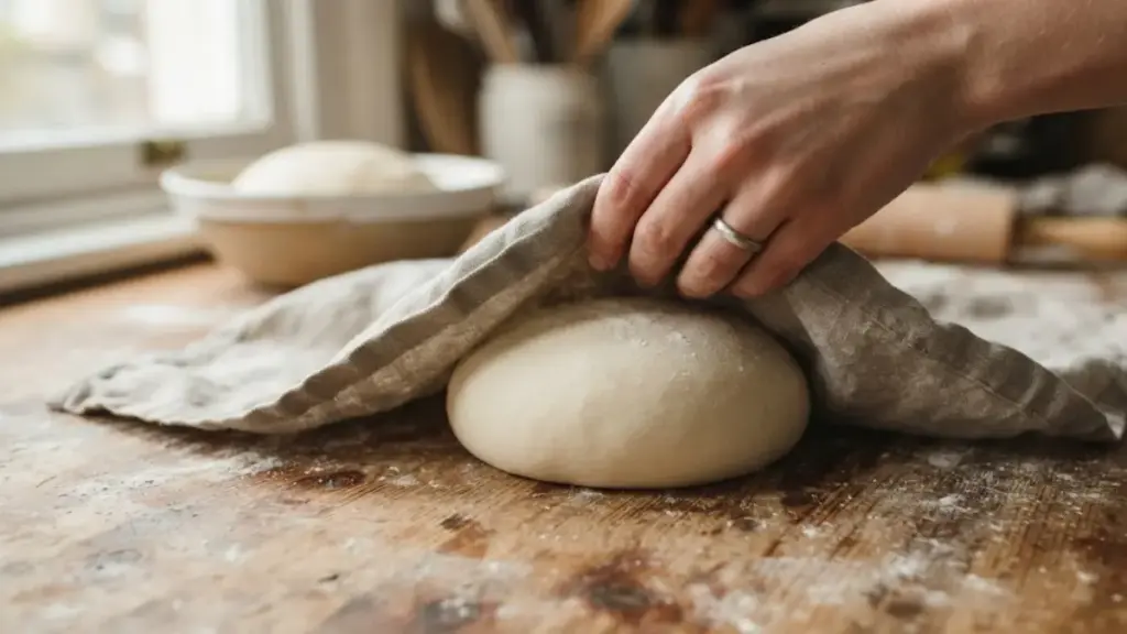 pastry-dough-ball-resting-under-a-linen-cloth-for-chicken-pot-pie-ideas