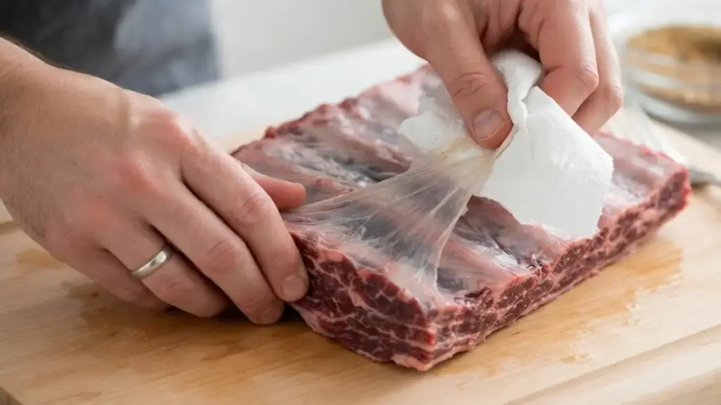 peeling-the-membrane-off-raw-beef-short-ribs-for-the-beef-shortrib-recipe