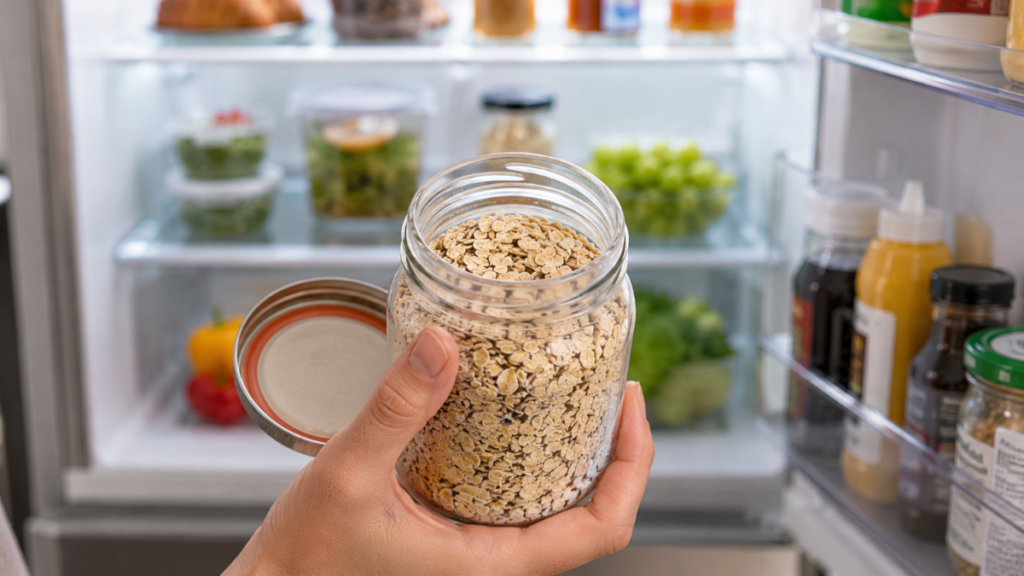 performing-smell-test-on-soaked-oat-jar-to-prevent-side-effects-of-eating-overnight-oats