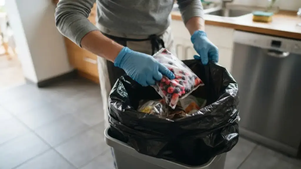 person-in-blue-gloves-placing-frozen-fruit-packaging-into-a-trash-bag