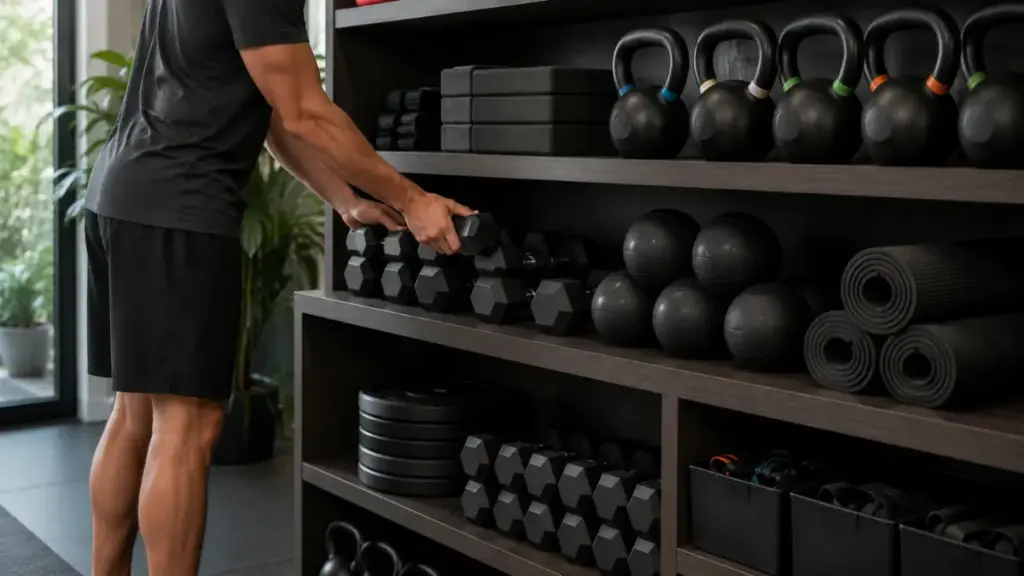 person-organizing-fitness-equipment-on-a-storage-rack
