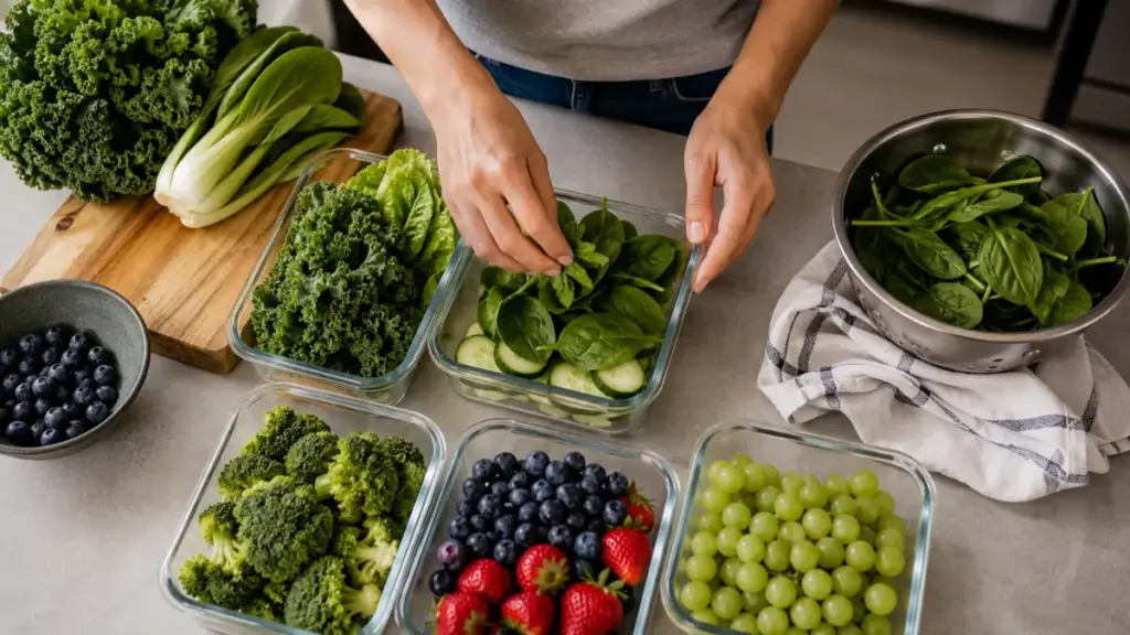 person-organizing-fresh-vegetables-and-berries-into-glass-containers