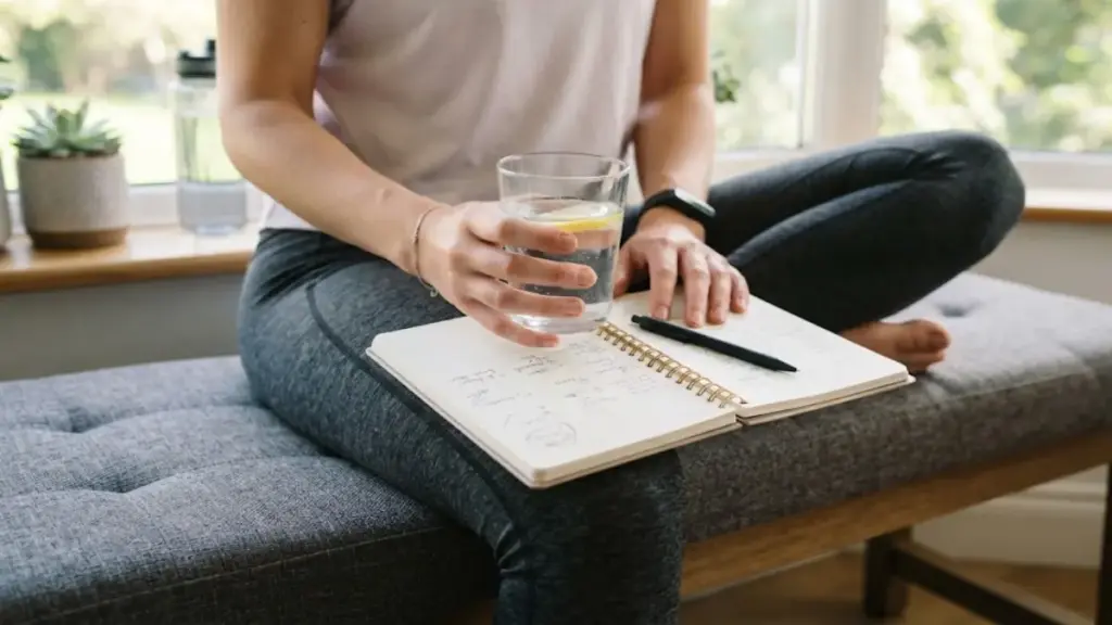 person-resting-on-a-bench-holding-a-glass-of-water-near-a-notebook