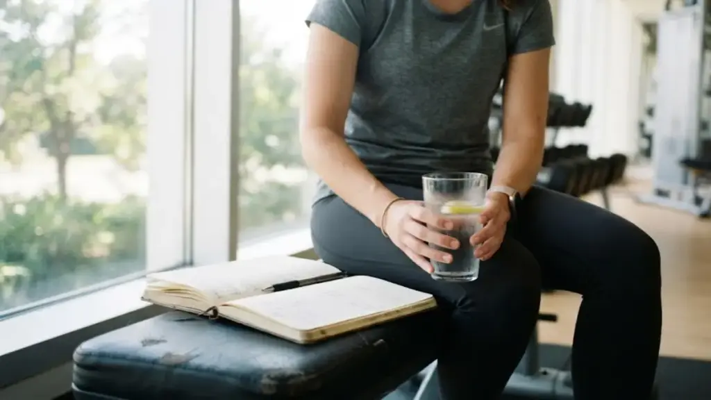 person-resting-on-a-gym-bench-holding-a-glass-of-water-gym
