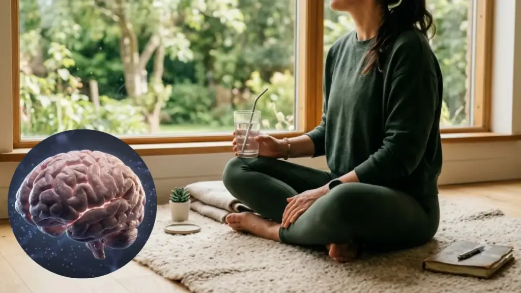 person-resting-on-a-yoga-mat-holding-a-glass-of-water-near-a-bright-window-for-brain-health-supplement-cognitive-decline
