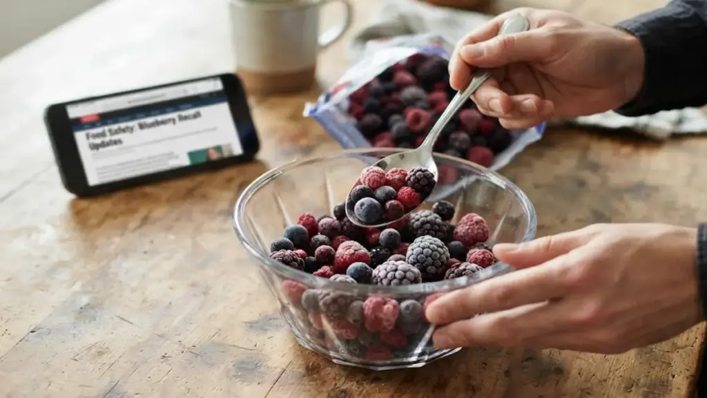 person-scooping-frozen-berries-into-a-glass-bowl-on-a-wooden-counter