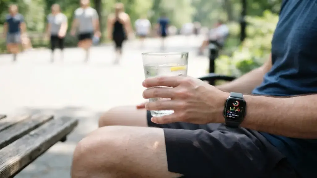 person-sitting-on-a-bench-holding-a-glass-of-water-near-a-pacing-tracker-insider
