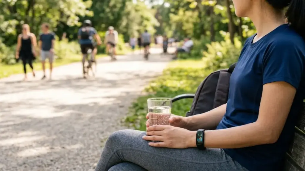 person-sitting-on-a-bench-holding-a-glass-of-water-near-a-pacing-tracker