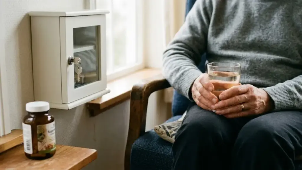 person-sitting-quietly-on-a-chair-near-a-medicine-chest-holding-a-glass-of-water