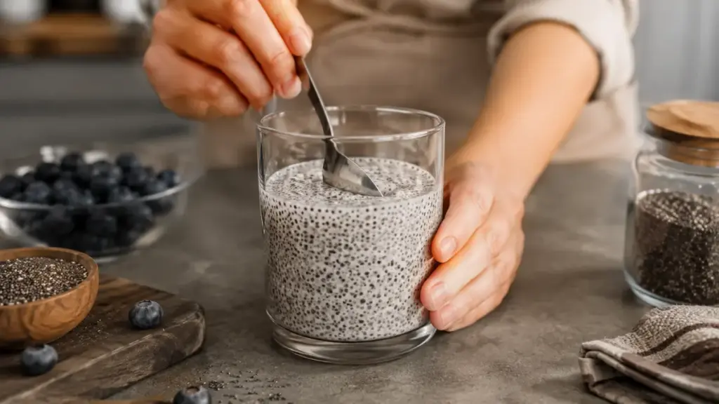 person-stirring-chia-seed-pudding-in-a-glass-on-a-counter