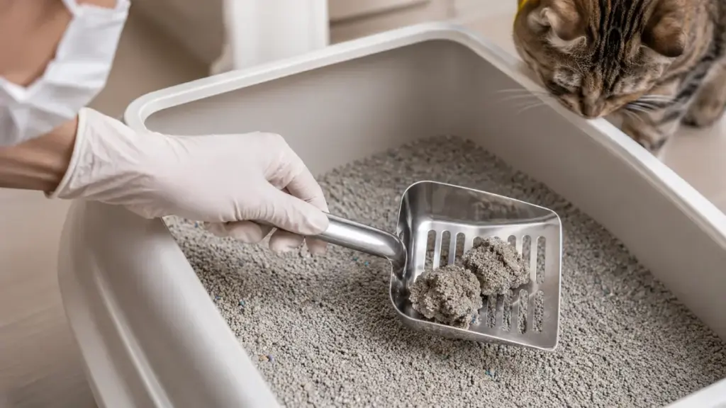 person-wearing-a-protective-mask-while-scooping-a-cat-litter-box