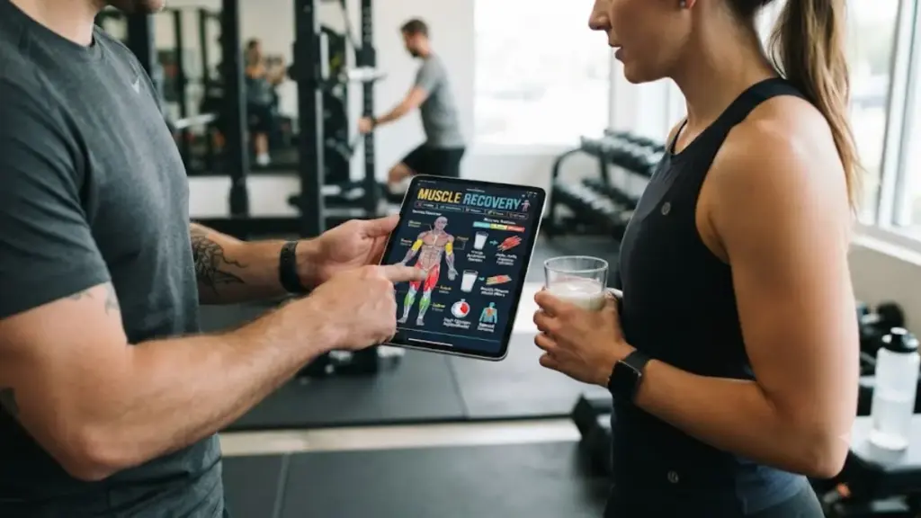 personal-trainer-showing-a-nutrition-chart-on-a-tablet-to-a-client