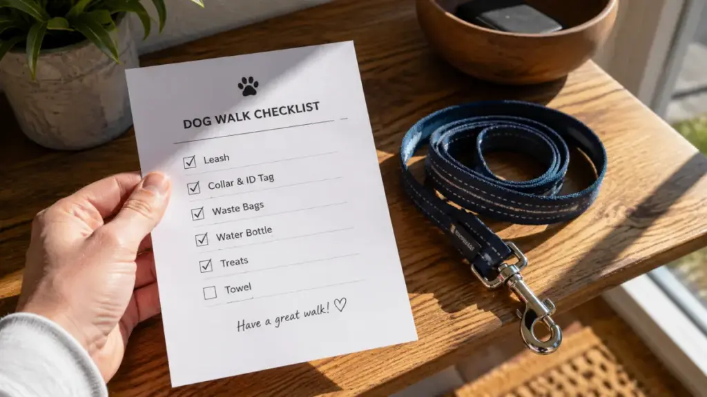 pet owner hand holding checklist and dog leash