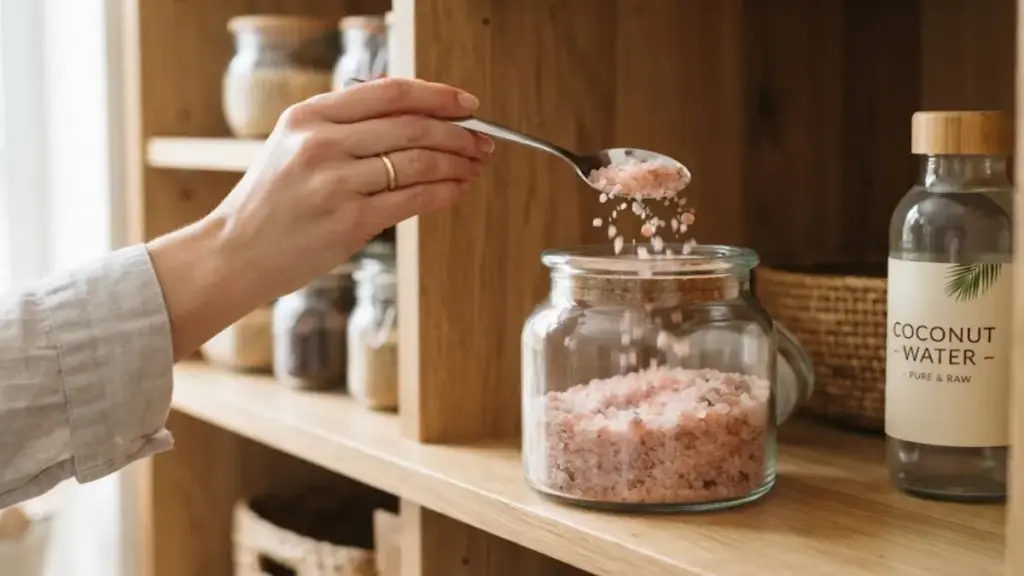 pink-himalayan-salt-stored-in-a-glass-jar-on-a-wooden-shelf