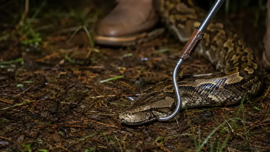 pinning-a-pythons-head-to-the-ground-with-a-hook-for-hunting-in-florida-seasons