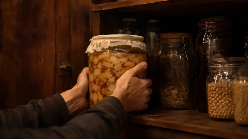 placing-a-glass-fermentation-jar-into-a-dark-warm-kitchen-pantry-cabinet