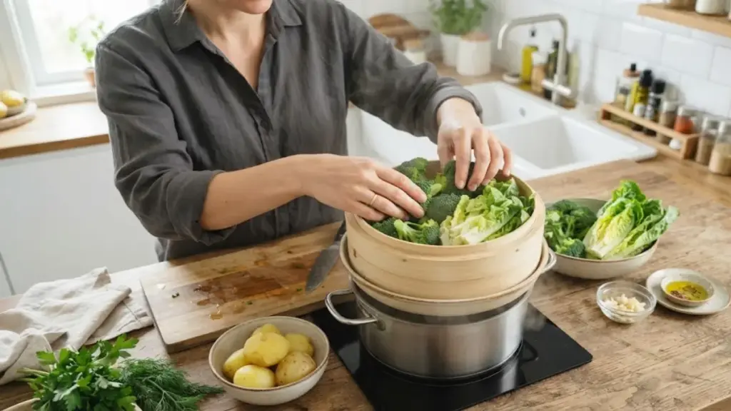 placing-broccoli-and-lettuce-into-a-bamboo-steamer-basket