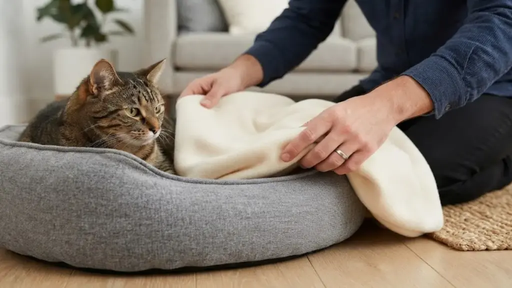 placing-cozy-bedding-onto-a-pet-cushion-to-support-behavioral-cat-training