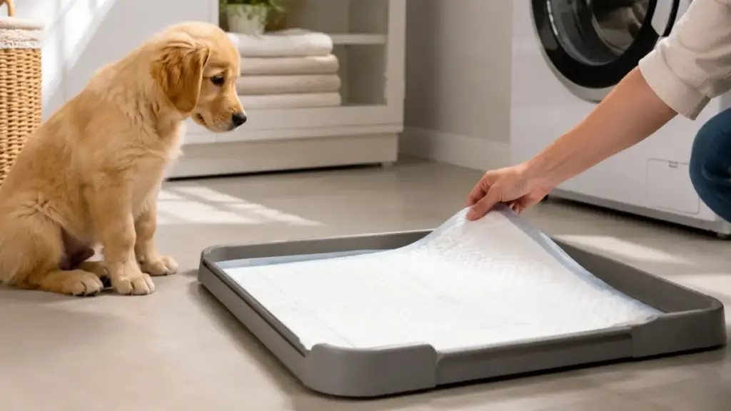 placing-disposable-attractant-scented-sheets-to-safely-potty-training-puppy
