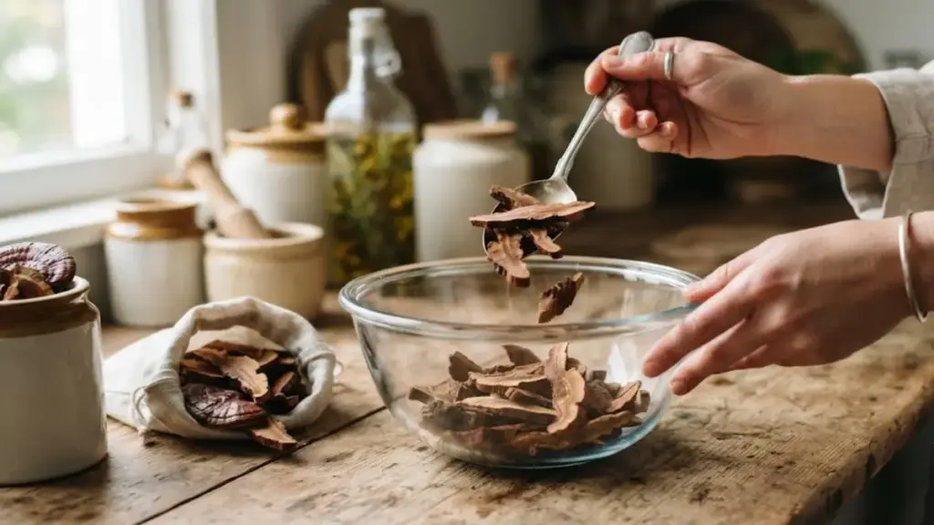 placing-dry-reishi-mushroom-slices-into-a-glass-bowl