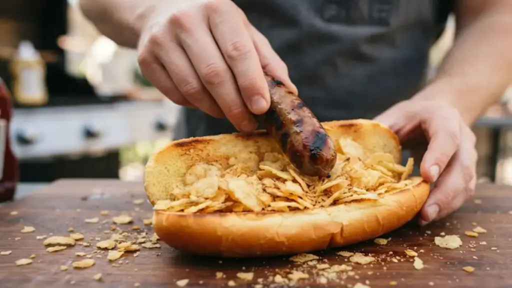 placing-grilled-sausage-over-crushed-chips-inside-toasted-bread-hotdog-buns