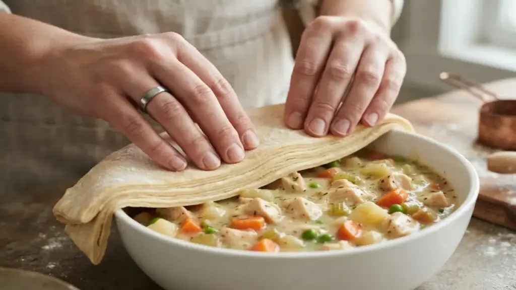 placing-puff-pastry-sheet-over-ceramic-dish-filled-with-savory-stuffing-for-chicken-pot-pie-recipes
