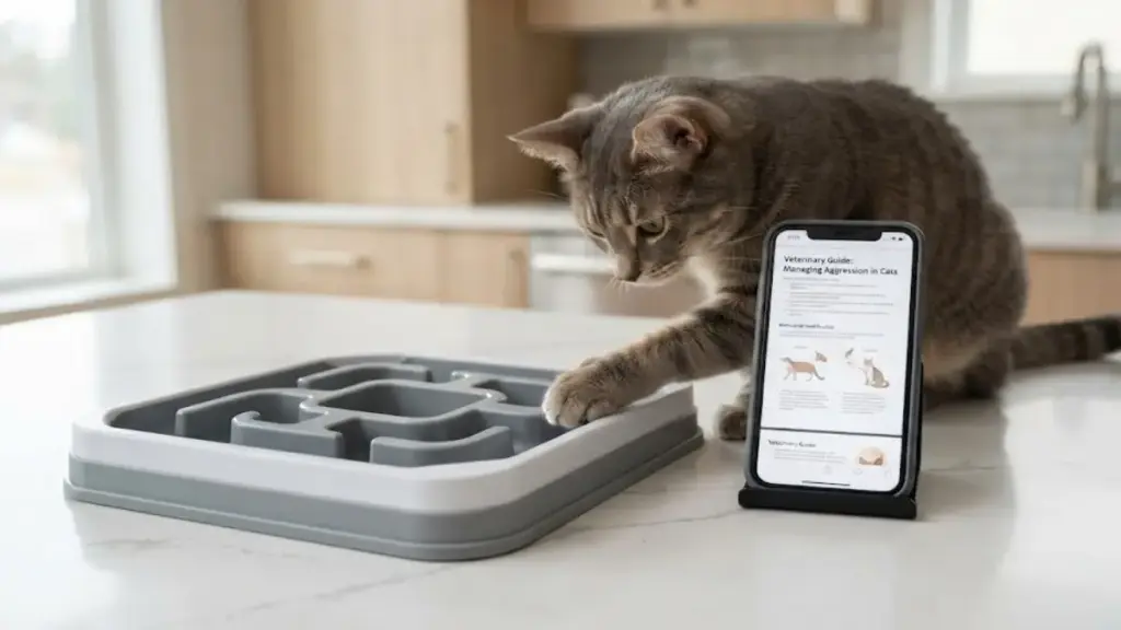 plastic-cat-puzzle-feeder-placed-next-to-a-smartphone-showing-pet-behavioral-guides