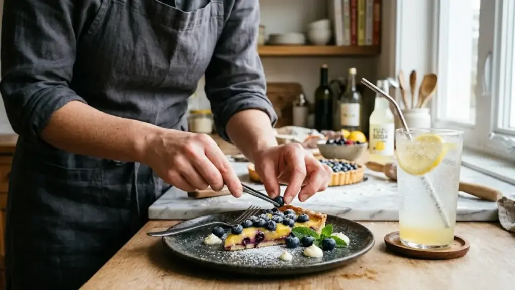 plating-a-slice-of-berry-tart-with-a-citrus-drink-on-a-table