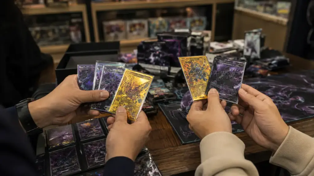 players-inspecting-rare-pokemon-cards-at-game-store