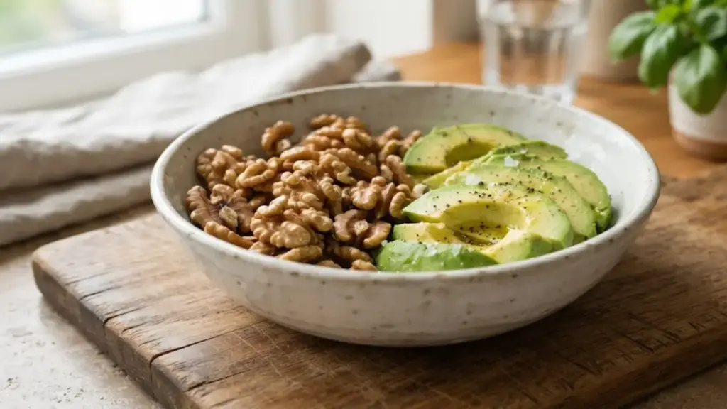 porcelain-bowl-of-walnuts-and-sliced-avocados-on-a-wooden-board