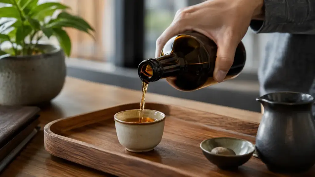 pouring-a-measured-serving-of-medicinal-rice-wine-into-a-small-ceramic-cup